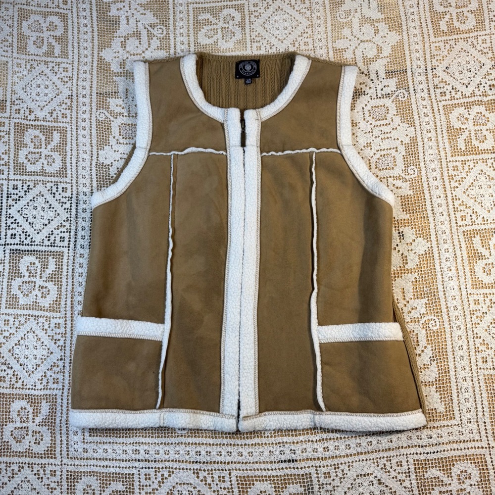 Carolyn Taylor Faux Suede Shearling Trim Zip Front Vest Tan Brown Large